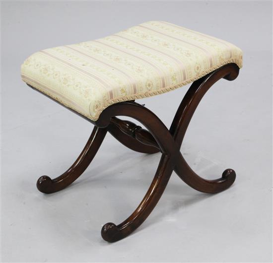 A Victorian rosewood X frame stool with Regency striped upholstered seat,